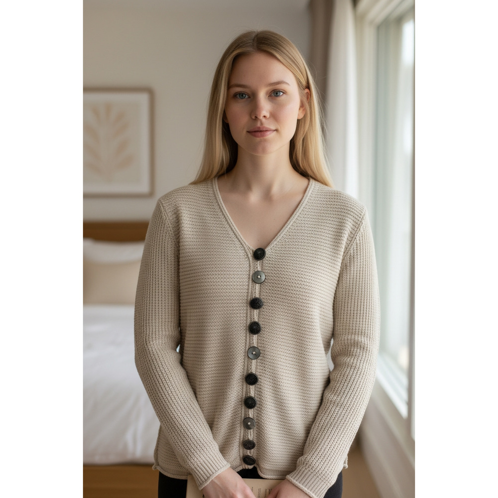 4595)Pure Handknit Trailblazer Beige Cotton Cottagecore Cardigan Blazer M/L